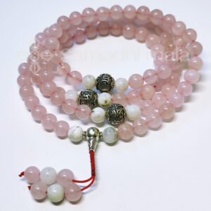 Rózsakvarc Holdkő ásvány mala Om Mani mantrás osztókkal SAMADHI MALA